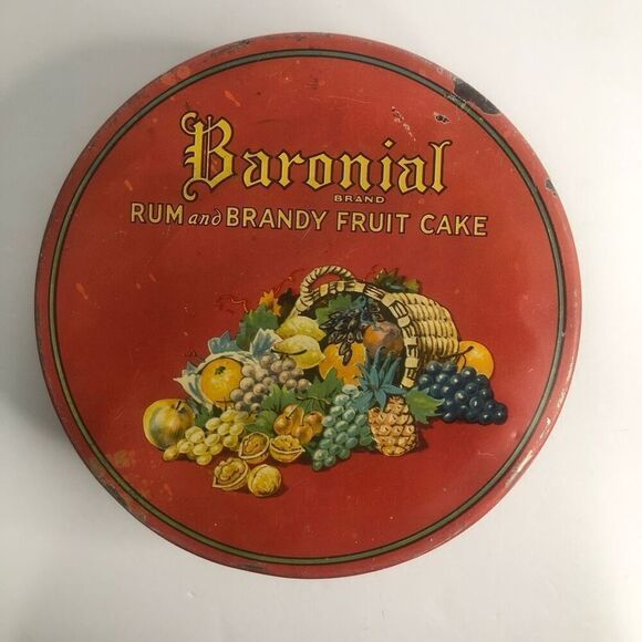 vtg baronial brand rum and brandy fruit cake metal tin round red htf as is - Picture 2 of 15